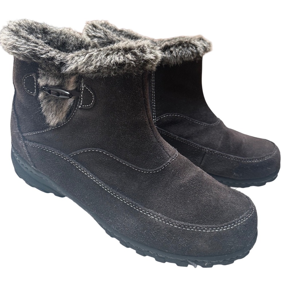 Khombu Gracie‎ Brown Suede Faux Fur Trim Ankle Boots Size 10M Toggle Winter Fall